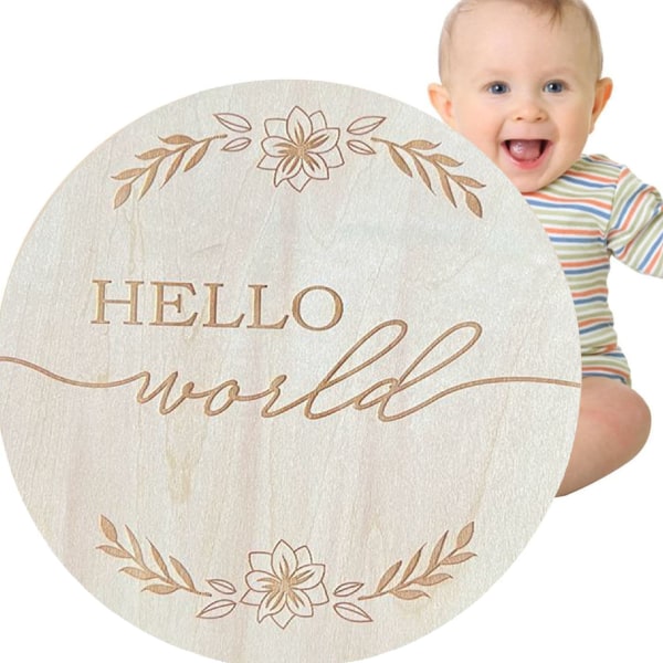 5,9 tommer rundt babymeddelelsesfotorekvisit Basswood-skilt Hello World Babyskilt til Nursery L2