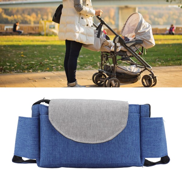 Babyvognbag Stor kapasitet Universell barnevogntilbehør Veske med 2 koppholdere Flere glidelåslommer Blå Grå