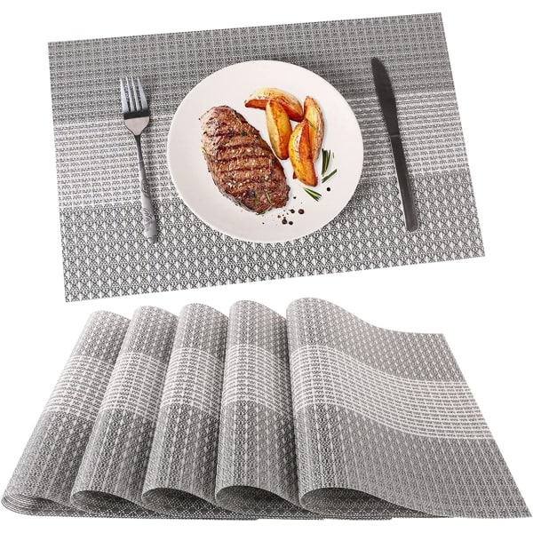 Sett med 6 vaskbare bordbrikker i PVC-plast (glittergrå)