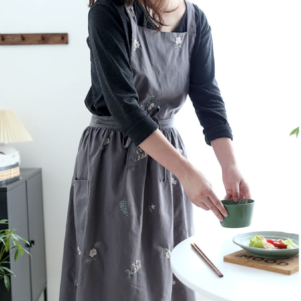 Kokeforkle Blomsterbroderi Vanntett Slitasjebestandig bakeforkle til Coffee Shop Home Mørkegrå