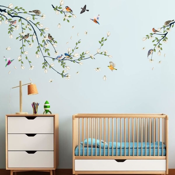 Vita blommor Väggdekor Magnolia Väggdekor Fåglar på trädgren Väggdekor DIY Vinyl Väggdekoration Konst Väggdekoration