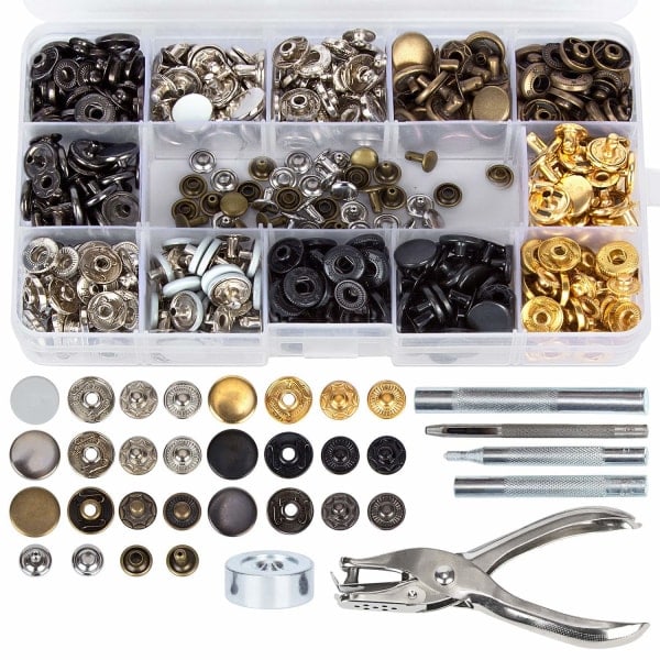 146 Set tryckknappar kit, lädernit, tryckknappar tryckknappar, dubbelhuvudnit med fixeringsverktyg för kläder, väskor, bälten reparation dekoration