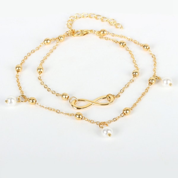 Fashion Pearl Ankelkæde Håndlavet Beaded Dobbelt Kæde til Fod Ornamenter (Guld)