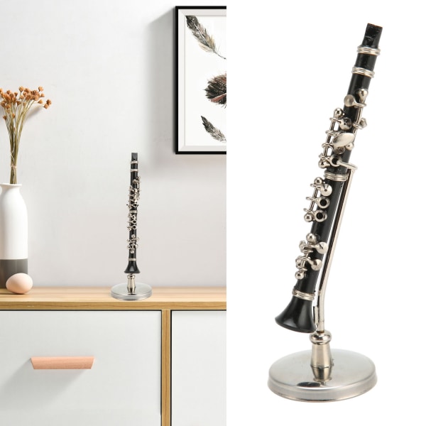 Miniatyyri klarinettireplica jalustalla ja case Minimusiikki-instrumenttimalli nukkekodin koristelu 3,1 tuumaa