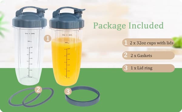 Ersättningsmixerkoppar, 2-pack 32oz med flip-top-lock, kompatibla med NutriBullet 600w/900w, resevänliga