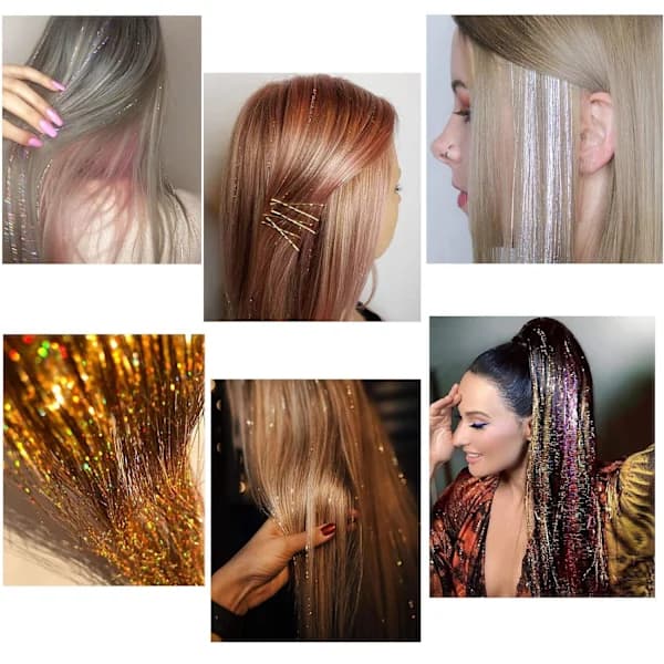 12 farger glitterhårstrå, glitrende hårstrå