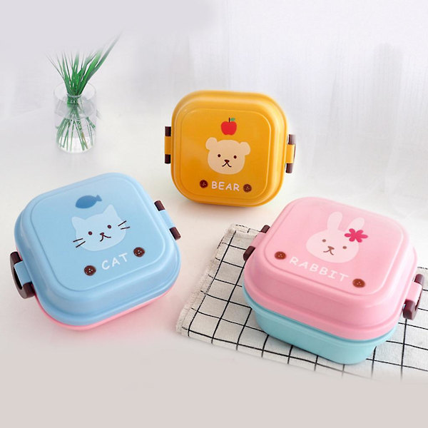 Barnmatbehållare Bärbar 2-lagers Fodral Färgglad Tecknad Djurtryck Liten Bento Lunchlåda med Lock Mikrovågsugn Snack Organizer Keeper