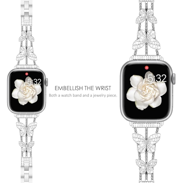 Armbånd kompatibelt med Apple Watch Dame Glitrende Sommerfugl Mode Metal Bling Rustfrit Stål Lænke Remme Erstatningsbånd Sølv Silver 38/40/41mm