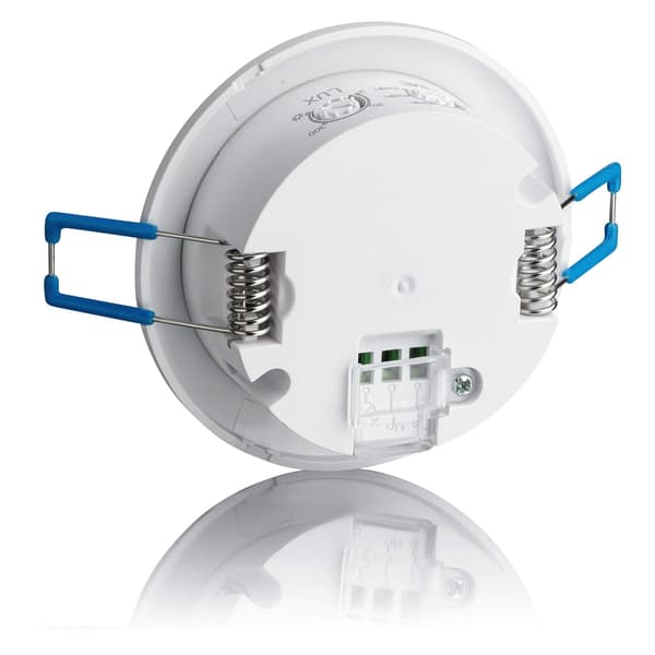 2X Bevegelsessensor for innendørs bruk, innfelt og takmontering, programmerbar, infrarød sensor, 8m / 360°, egnet for LED, maks. 1200W/600W