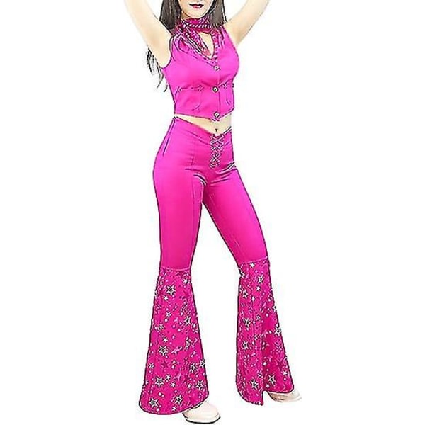Cowgirl Outfit 70-tal 80-tal Hippie Disco Kostym Pink Flare Byxa Halloween Cosplay För Kvinnor Tjej L