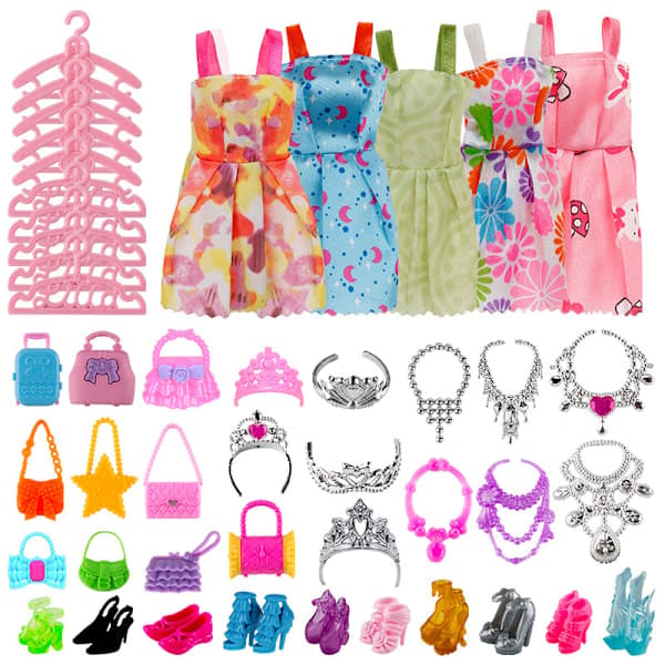 30 cm Barbie Dockskor, Väskor, Kläder, Hängare & Tillbehör - 46 Delar
