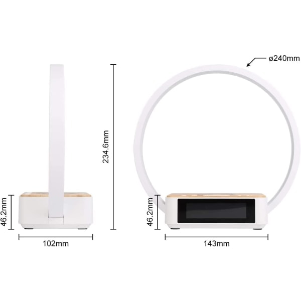 LED-natlampe med opladningsfunktion, bordlampe vækkeur alarmklokke touch-kontrol dæmpbar, 5W trådløs oplader bordlampe til soveværelse