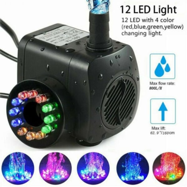 15 W:n suihkulähdepumppu, virtaus 800 l/h, 12 integroitua LED-valoa, ihanteellinen lampiin ja puutarhoihin.-DPZO.pa