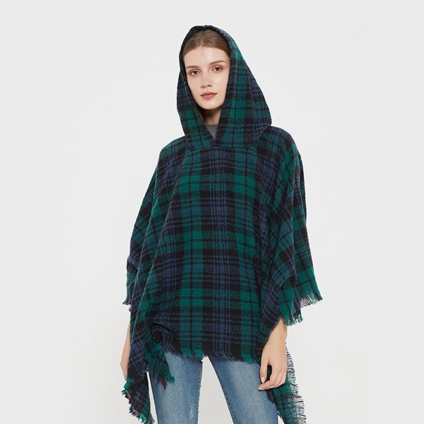 Kvinnors Rutig Hooded Cape Sjal Filt Poncho Hoodie Cape Grön