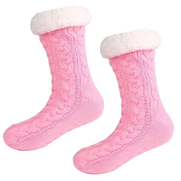 Luddiga Varma Stickade Sockor Tofflor med Halkskydd Rosa—pa