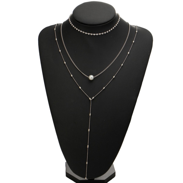 Fashion Women Girl 3 Layer Chain Simulated Pearl Pendant Halsband Delicate Smycken (Silver)