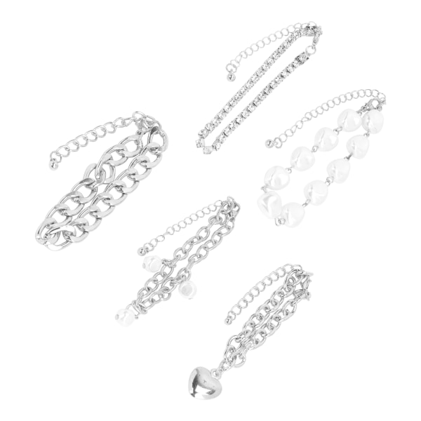 5 stk. Elegant armbåndssæt imiteret perler Hjertelegering Justerbart Moderigtigt Hip Hop armbånd Sølv