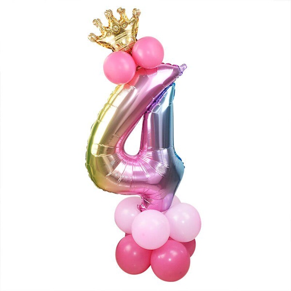 1 Set 32 Inch Rainbow Foil Number Balloons with Crown Latex Balloon for Wedding Anniversary Party Decoration for Kids