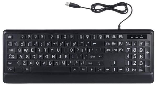 Baggrundsbelyst USB-tastatur med store taster, kablet design til ældre, sort