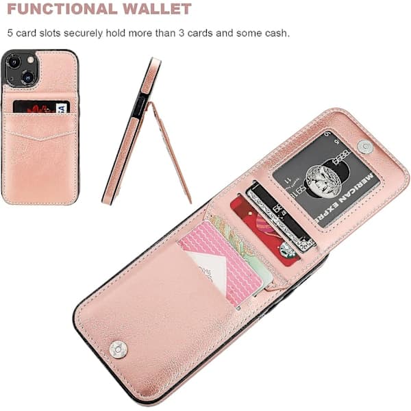 iPhone 13 Plånboksfodral med Kortfack, Premium Läder Magnetisk Stängning Ställ Robust Skydd för iPhone 13 (Roséguld)