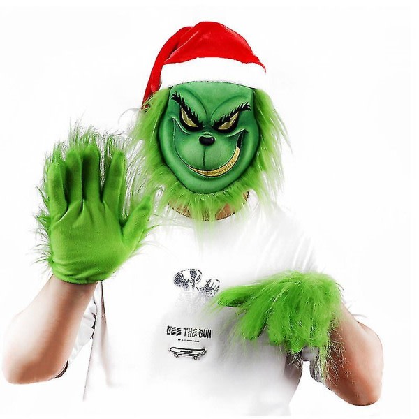 Grinch-naamio ja -hansikkaat -setti joulun ja Halloweenin cosplay-juhliin ja rekvisiitaksi