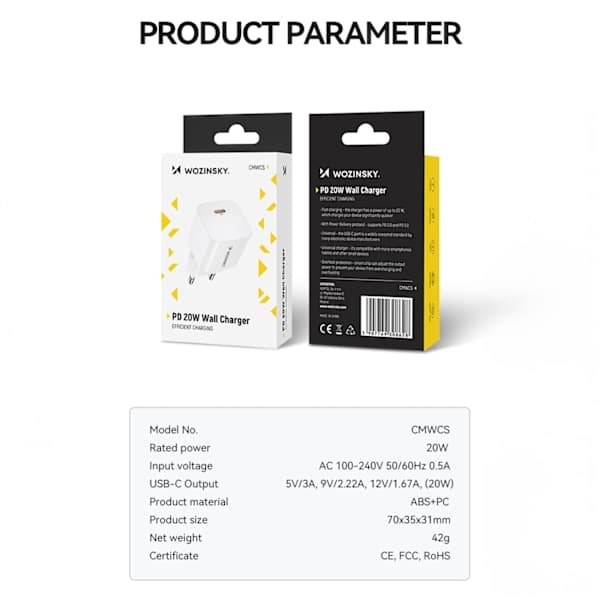 Vegglader 100-240V PD USB-C 20W hvit