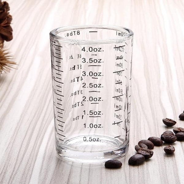 Mätglas blästrat glas 4 oz/120 ml flytande tungt espressoglas med 2 svarta fjäll och 2 röda fjäll (4 st)