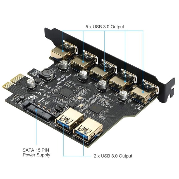 PCIE USB3.0 utvidelseskort PCI for Express til USB-adapter HUB 7 portar 5 Gb Super