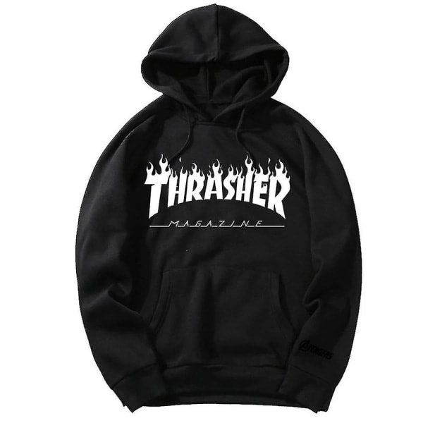 Unisex Thrasher Hoodie med bokstavstryck, tröja med dragsko och ficka Black L