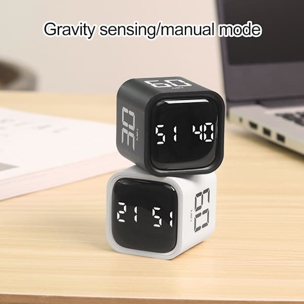 Terningtimer med tyngdekraftssensor, LED-display, 4 forudindstillede tider, dobbelte tilstande til madlavning og studier, sort Black
