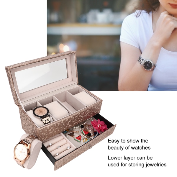 Rektangelform 4 Grid Doule Layer Watch Storage Box Presentbox Watch AccessoryChampagne