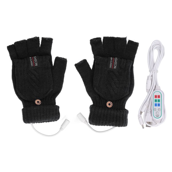 1 par USB uppvärmda handskar Elvärme Thermal stickningshandskar Halvfinger Vinterhandvärmare för arbete Svart