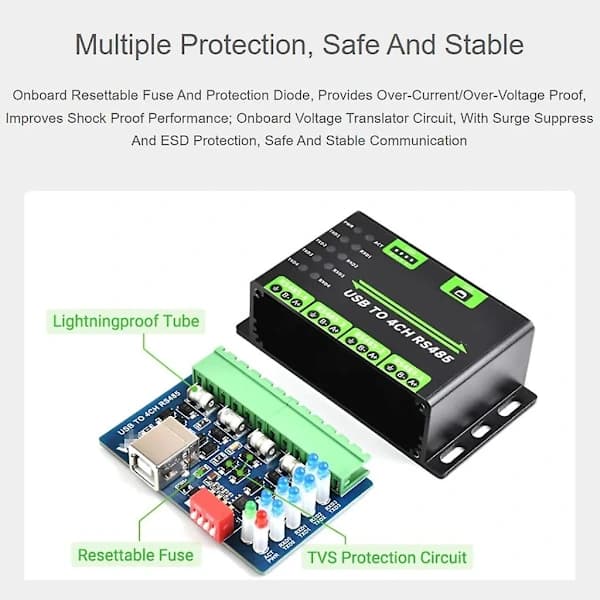 USB til 4-vejs RS485-konverter, industriel kvalitet, for multisystemkompatibilitet