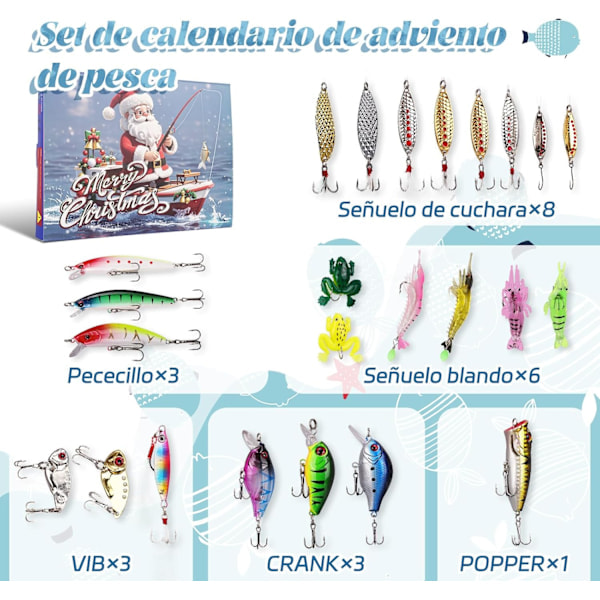 Julkalender för Fiske 2024 - Fiskebeten Set, Fiskeutrustning för Vuxna Män Pojkar, Fisketillbehör (24 st)