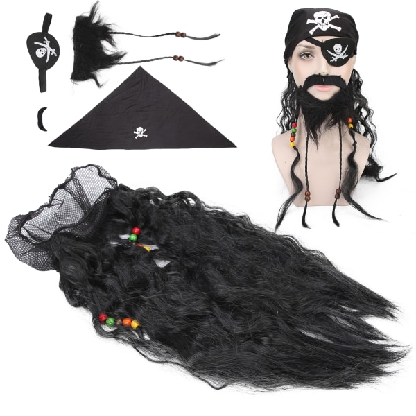 Black Pirate Fake Beard Bart Sett Parykk Hodeskjerf Falsk Flettet skjegg til Halloween