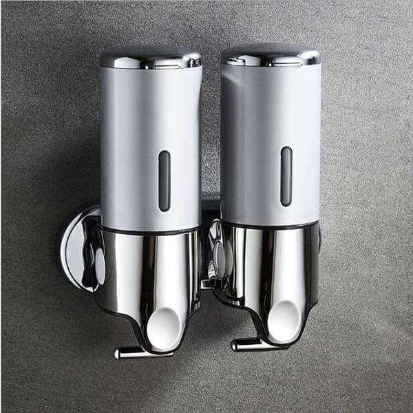 2-i-1 Vægmonteret Sæbedispenser, 2x500ml, Sølv, til Køkken & Badeværelse