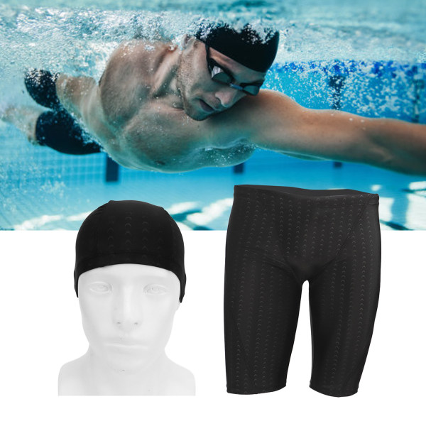 Mænd svømmeshorts og kasket Vandtæt justerbar taljestrop Hurtigtørrende svømmebukser sort XXL