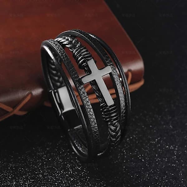 Læder Magnetisk Spænde Kors Rustfrit Stål Armbånd Herre Titanstål
