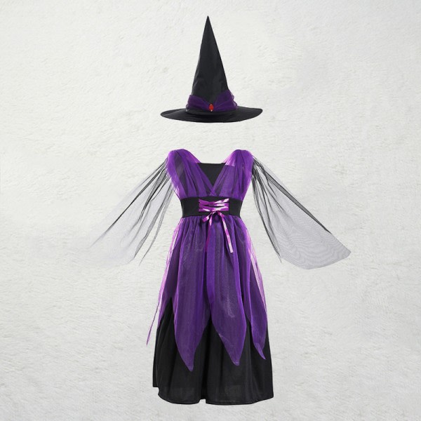 Halloween barndräkt Animedräkt Häxa Cosplay Halloween kostym (2-3 år gammel, lila lång häxa)