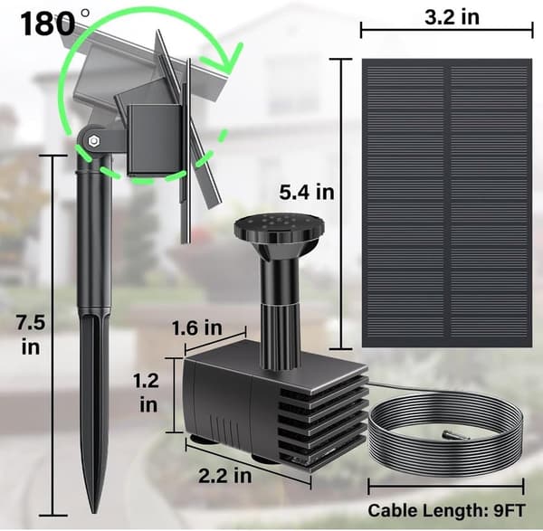 Solar Springvandspumpe 1.5W med Separat Panel og 3m Kabel, 6 Dyser, Børsteløs Motor, 50cm Løft, til Fuglebad, Dam, Have, Sort