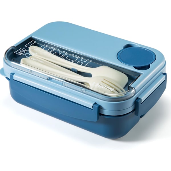 Lunchbox, 1300ml Bento Lunchbox för Vuxna och Barn, Lunchlåda med 4 Fack, 4-i-1 Matlagningslåda med Gaffel & Sked, Mikrovågsugnssäker Blue