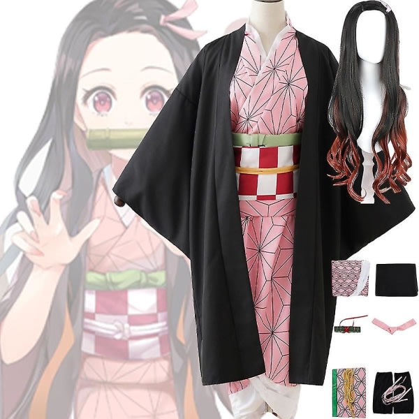 Demon Slayer Kamado Nezuko Cosplay Party Kostym Outfits Halloween Party Anime Set Presenter Outfits med peruk One Size - Peruk