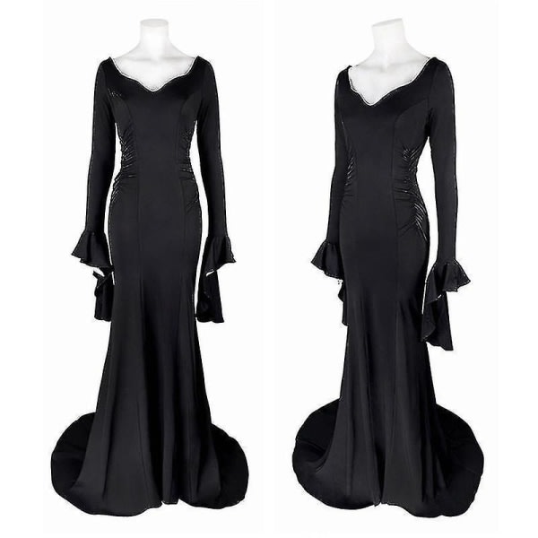 Onsdag Morticia Addams Cosplay-dräkt Sexig svart klänning för kvinnor Halloween Carnival Party Costum With wig S