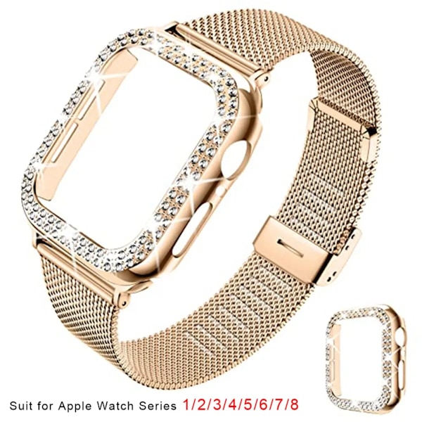 Silm Strap+ Fodral för Apple Watch Band 40mm 41mm 44mm 45mm 38mm 42mm Correa Metal Milanese Armband iWatch Series 3 4 5 6 SE 7 8 Roséguld