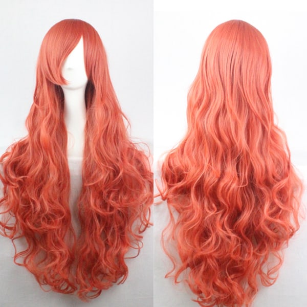 80 cm mote kvinner Anime lang krøllete bølget syntetisk hår Cosplay parykk (oransje rød)