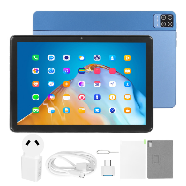 10,1 tommer tablet 2560X1600 opløsning 16GB RAM 1TB ROM til Android 13 tablet med beskyttende læderetui 110?240V blåt AU-stik