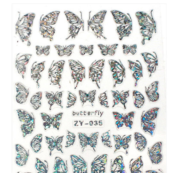 Butterfly Nail Art klistermärke med 3D Hot Stamping Laser Nail Decal 3D Nageldekoration Silver