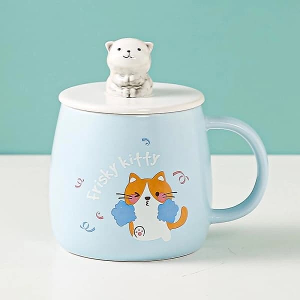 Kattmugg, söt keramisk kaffemugg, med 3D-kattformat lock och sked 8,8x8,2cm (blå)