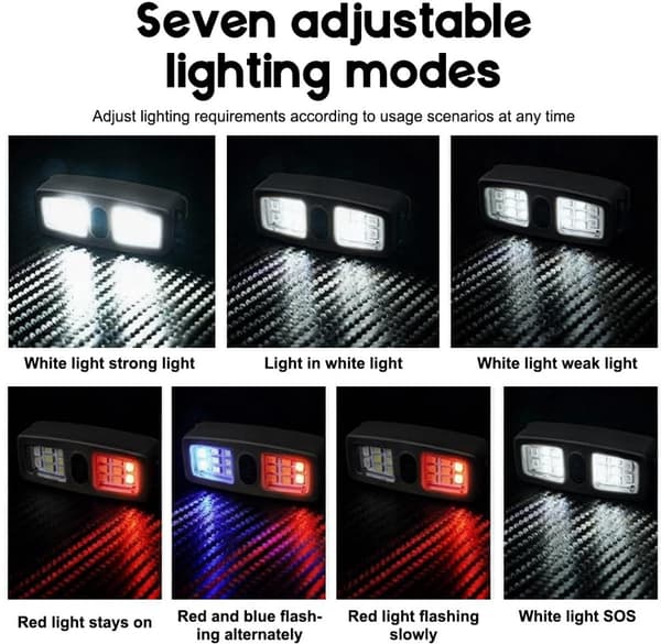 2-pakke klipslykter, USB-C oppladbare, 7 lysmoduser, 200 lumen, for løping, camping og fotturer, svart