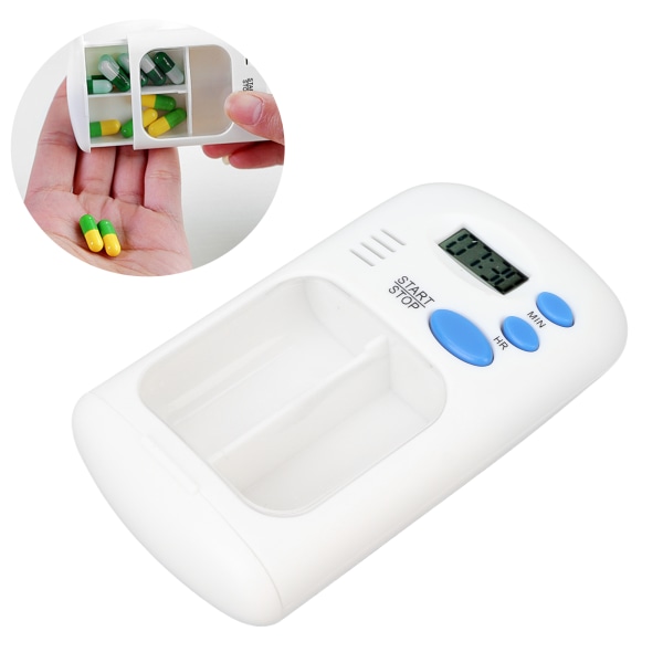 Smart Pill Dispenser Bærbar Automatisk 2 Grids Pill Organizer med alarmpåminnelse for reise hjemmebruk